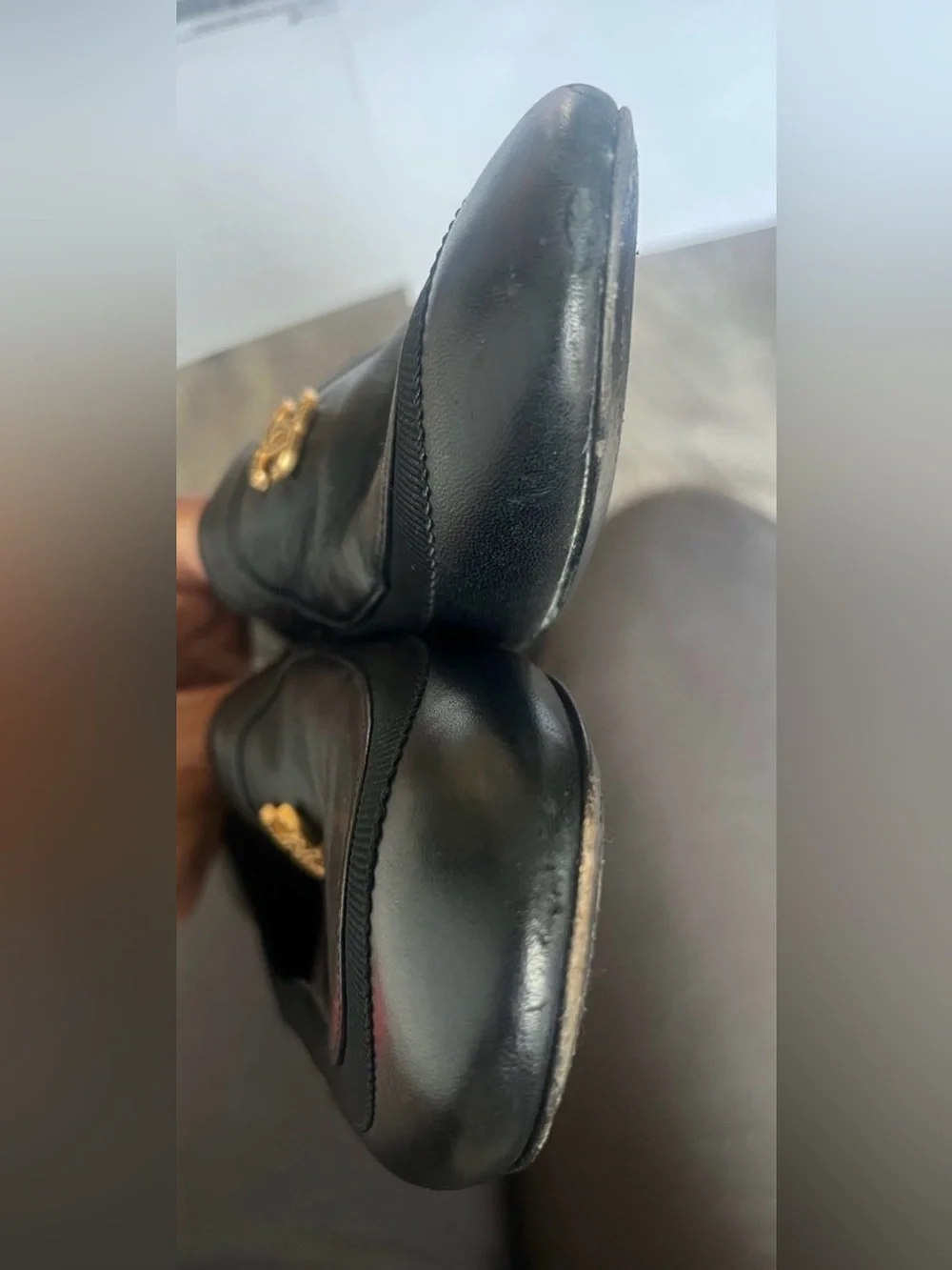 CHANEL Black Leather Loafers 👞 with Gold CC Medallion AUTHENTIC